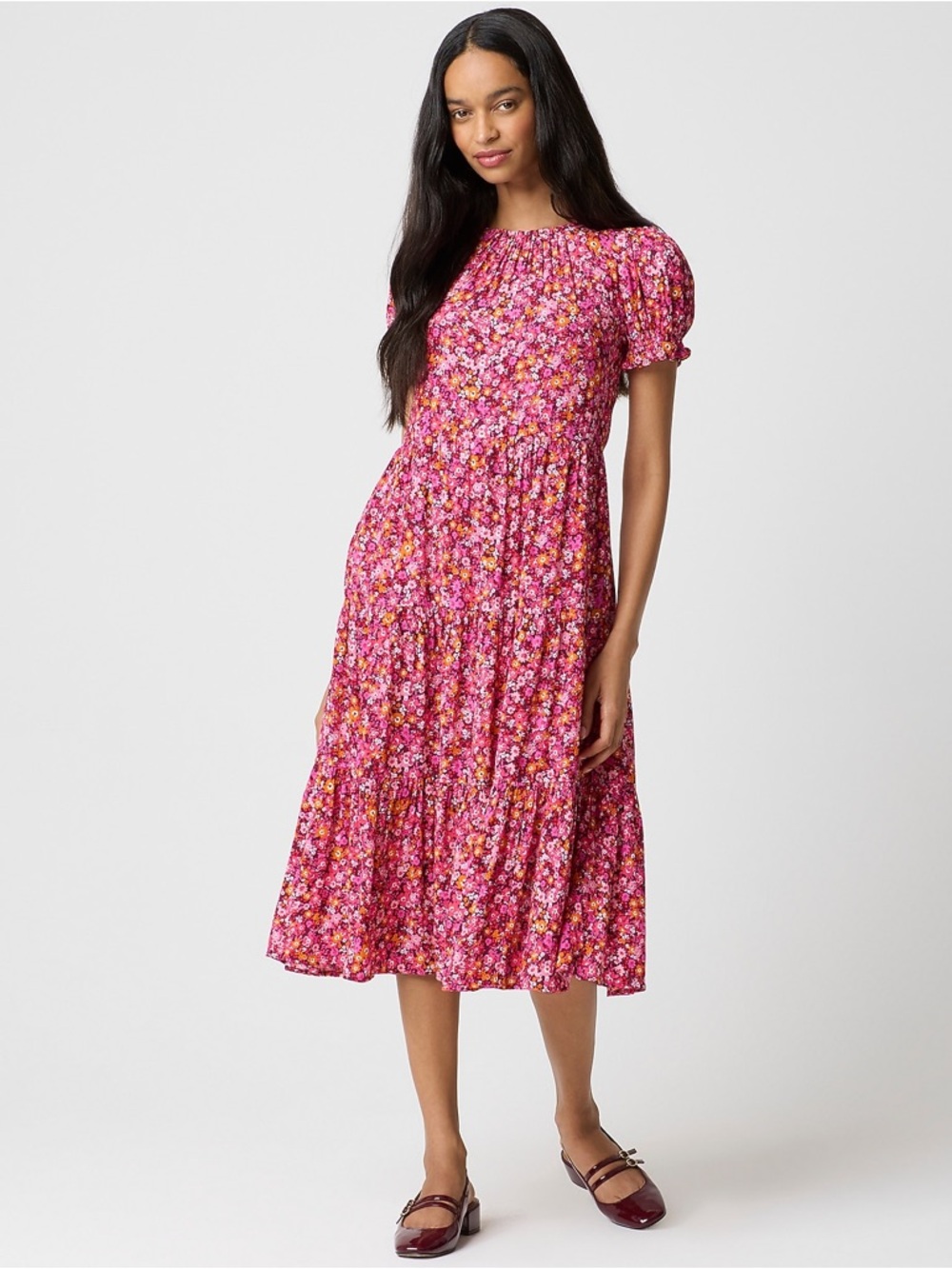 J.Crew Pink Floral Midi Dress XS Puff Sleeve Tiered Skirt Romantic Cottagecore